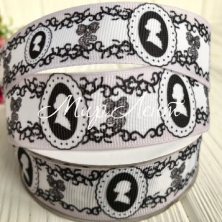 Репс 2,5 см, камея та бантик, білий з чорним
