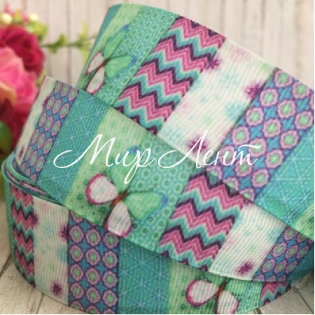 Репс 2,5 см, біло-фіолетово-м'ятні квадрати з метеликом, 1 м