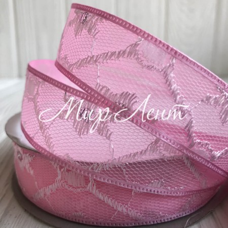 Органза с вышитым узором, 2,5 см, светло-розовый, метр