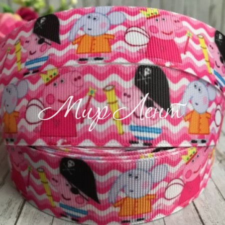 Репс 2,5 см, свинка Пеппа та Джордж пірат, біло-ярко-рожева хвиля, 1 м