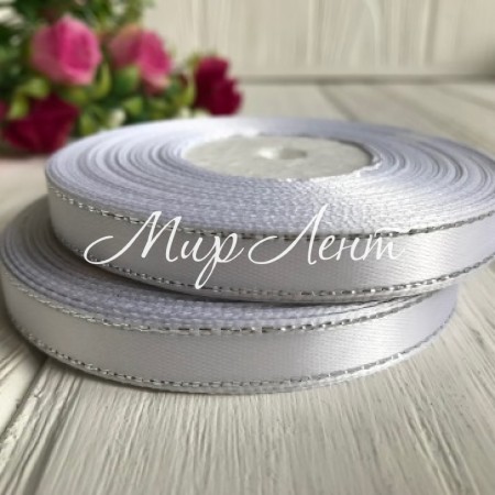 Атлас 0,9 см люрекс срібло, білий, рулон 33 м