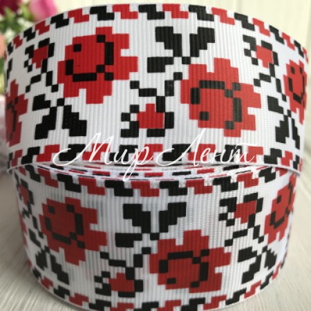 Репс 4 см, з вишитими червоними трояндами, білий, метр