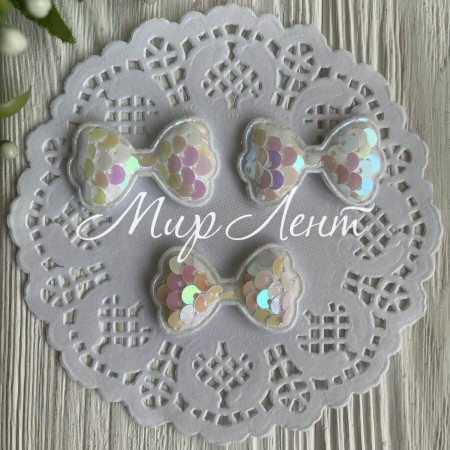 Аплікація бантик з паєтками, 4х2,4 см, білий перламутр, шт.