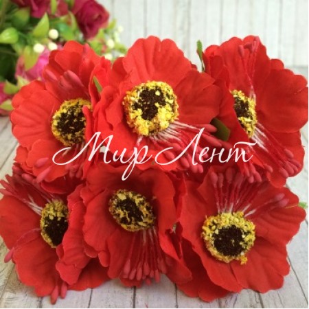 Мак, 4 см, червоний, 6 квіточок у пучку, 1 пучок