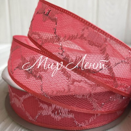 Органза з вишитим візерунком, 2,5 см, кораловий, метр