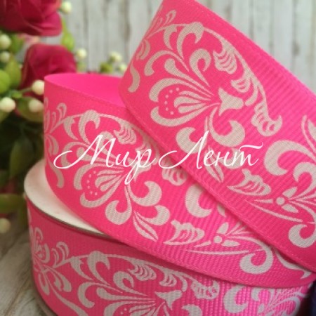 Репс 2,5 см, орнамент, ярко-розовый