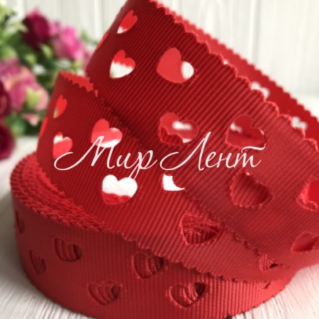 Репс 2,5 см, серця перфоровані, червоний, метр