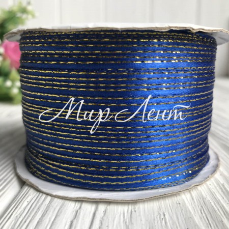 Атлас 0,3 см люрекс золото, темно-синій, рулон 225 м