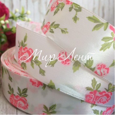 Атлас 2,5 см, трояндочка, біло-яскраво-рожева