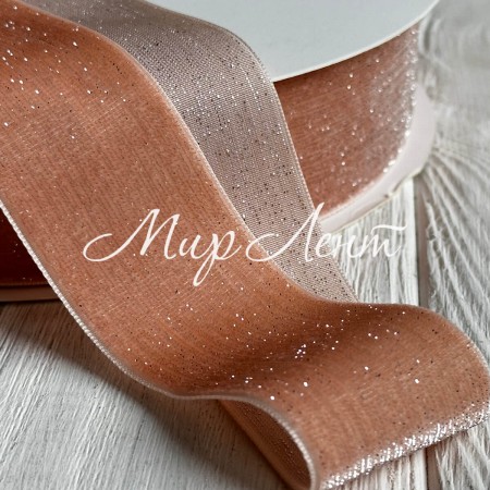 Стрічка велюр з перламутром, 4 cм, персиковий, метр