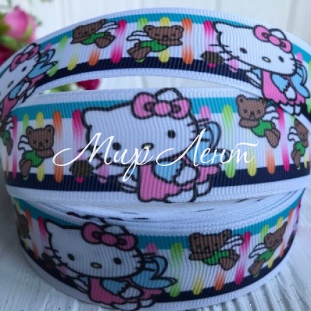 Репс 2,5 см, Китти с медвеженком на белом