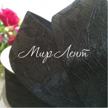 Атлас 4 см, мереживо, чорний