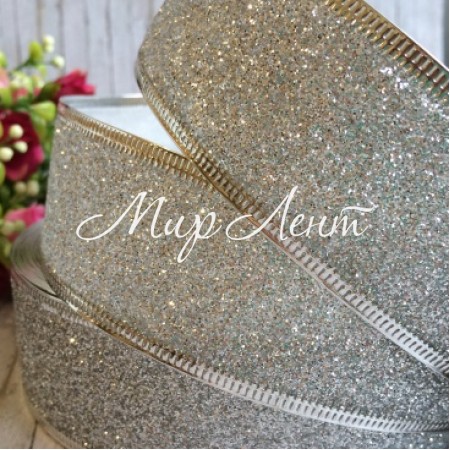 Лента новогодняя с блестками, 3,8 см, серебро