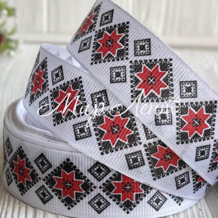 Репс 2,5 см, візерунок з великих та малих ромбів, чорно-червоні на білому