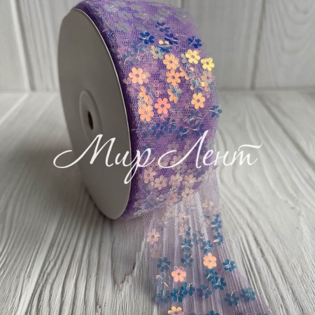Стрічка з фатину з паєтками, 4 см, лавандовий, метр