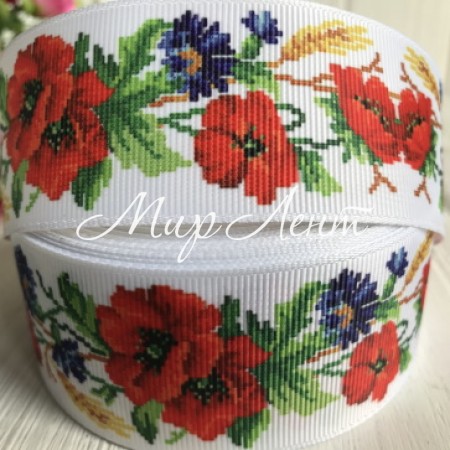 Репс 4 см, веночек с маками, васильками и колосками, на белом фоне