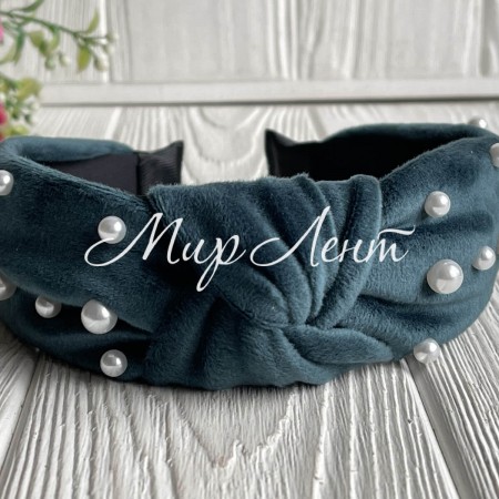 Обруч чалма велюр із перлами, 4,5 см, смарагдовий, шт.