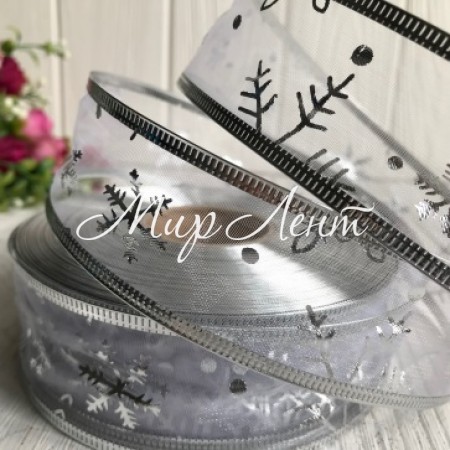 Стрічка-органза новорічна зі сніжинками, 3,8 см, срібло