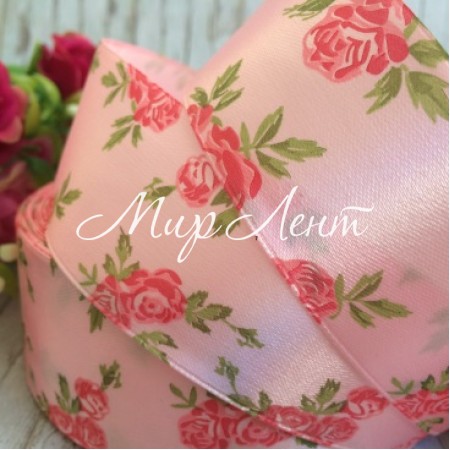 Атлас 4 см, трояндочка, рожево-коралова