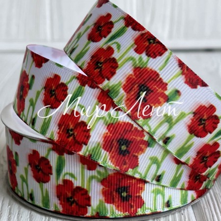 Репс 2.5 см, червоні маки, на білому тлі.