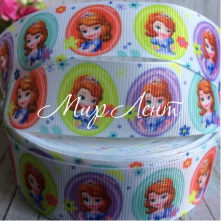 Репс 2,5 см, принцеса Софія у різнокольорових овалах, білий, 1 м