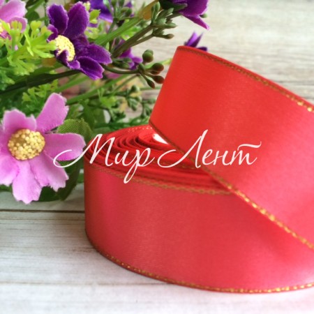 Атлас с люрексом 2,5 см (золото), корал, рулон 33 м