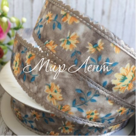 Стрічка тканинна з мереживним краєм (квіти), 2,5 см, сірий