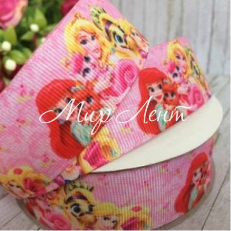 Репс 2,5 см, принцессы с животными, розовый