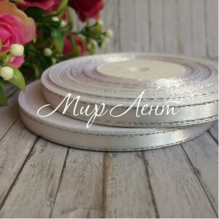 Атлас 0,6 см люрекс срібло, білий, рулон 33 м