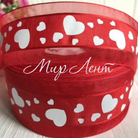 Органза із сердечками, 4 см, червоний із білими серцями, метр