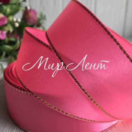 Атлас с люрексом 2,5 см (золото), ярко-розовый, рулон 33 м