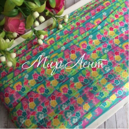 Бейка стрейчева, 1,5 см, малиново-жовті квіти та фламінго, м'ятний