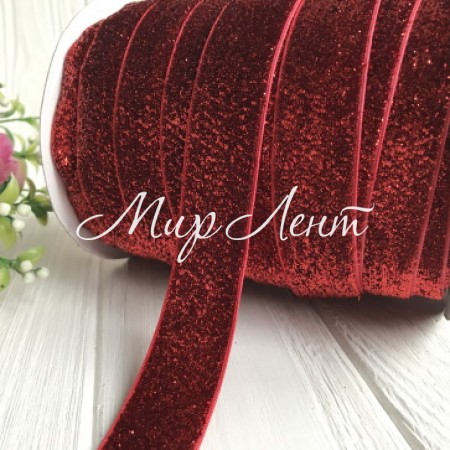 Стрічка велюр з люрексом, 2,5 см, червоний, метр