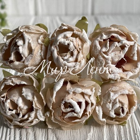 Пион тканевый с белым кантом, 3,5 см, топленое молоко, пучек