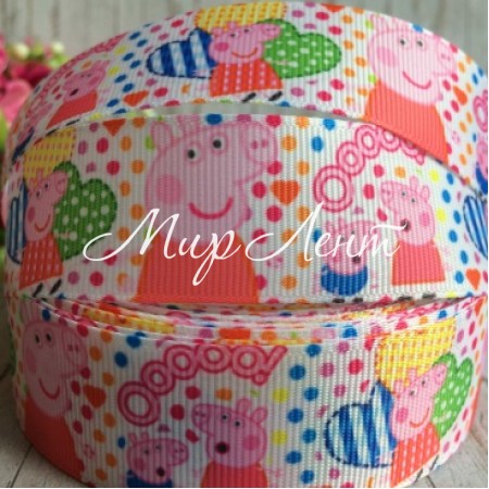 Репс 2,5 см, свинка Пеппа, белый с разноцветным горохом, 1 м