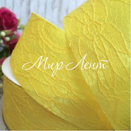 Атлас 4 см, мереживо, жовтий