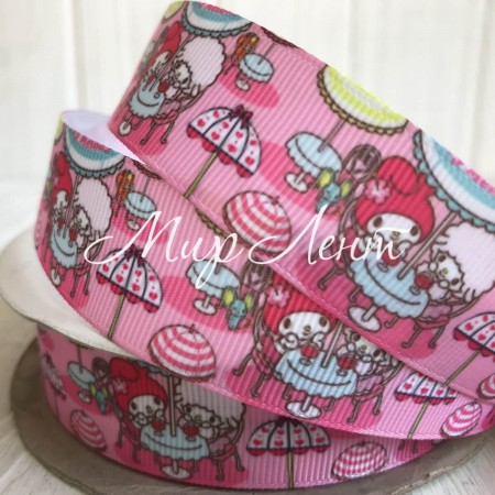 Репс 2,5 см, овечка та зайчик, рожевий, метр