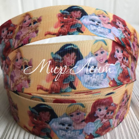 Репс 2,5 см, принцеси з тваринами на жовтому, метр