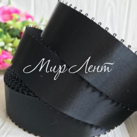 Атлас двосторонній з петельками 2,5 см, чорний, метр