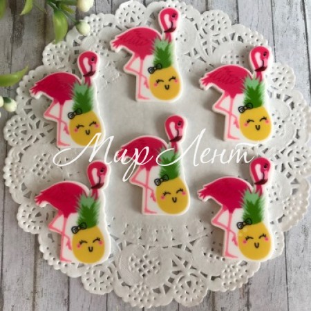 Кабошон, фламинго и ананас, 3,6 х 2 см, малиново-желтый