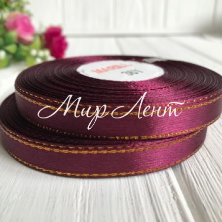 Атлас 0,9 см люрекс золото, вишневый, рулон 33 м
