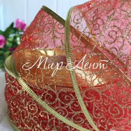 Стрічка новорічна, органза з візерунком, 6,3 см, червона