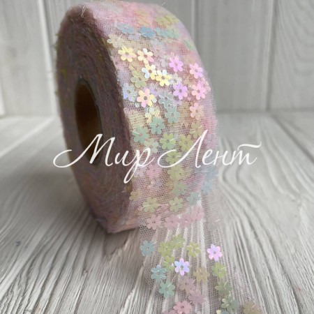 Стрічка з фатину з паєтками, 4 см, пастельний мікс, метр