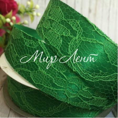 Атлас 2,5 см, кружево, зеленый