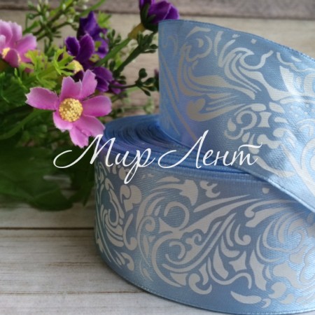 Атлас 4 см орнамент, світло-блакитний