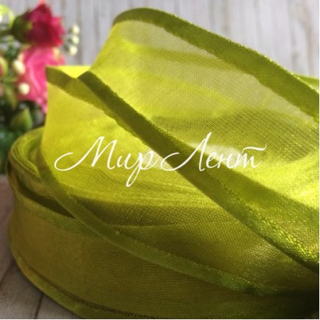 Органза з атласним кантом, 2,5 см, оливкова