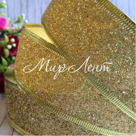 Лента новогодняя с блестками, 3,8 см, золото