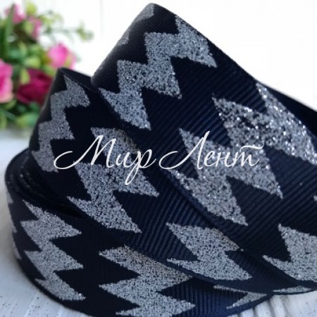 Репс 2,5 см, срібний шеврон на сапфіровому