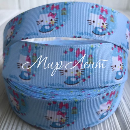 Репс 2,5 см, Hello Kitty, голубой, метр