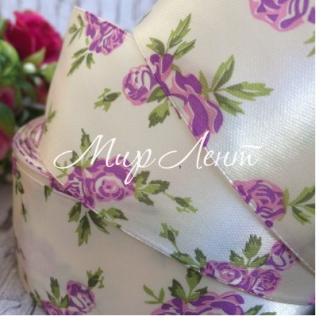 Атлас 4 см, трояндочка, молочно-фіолетова